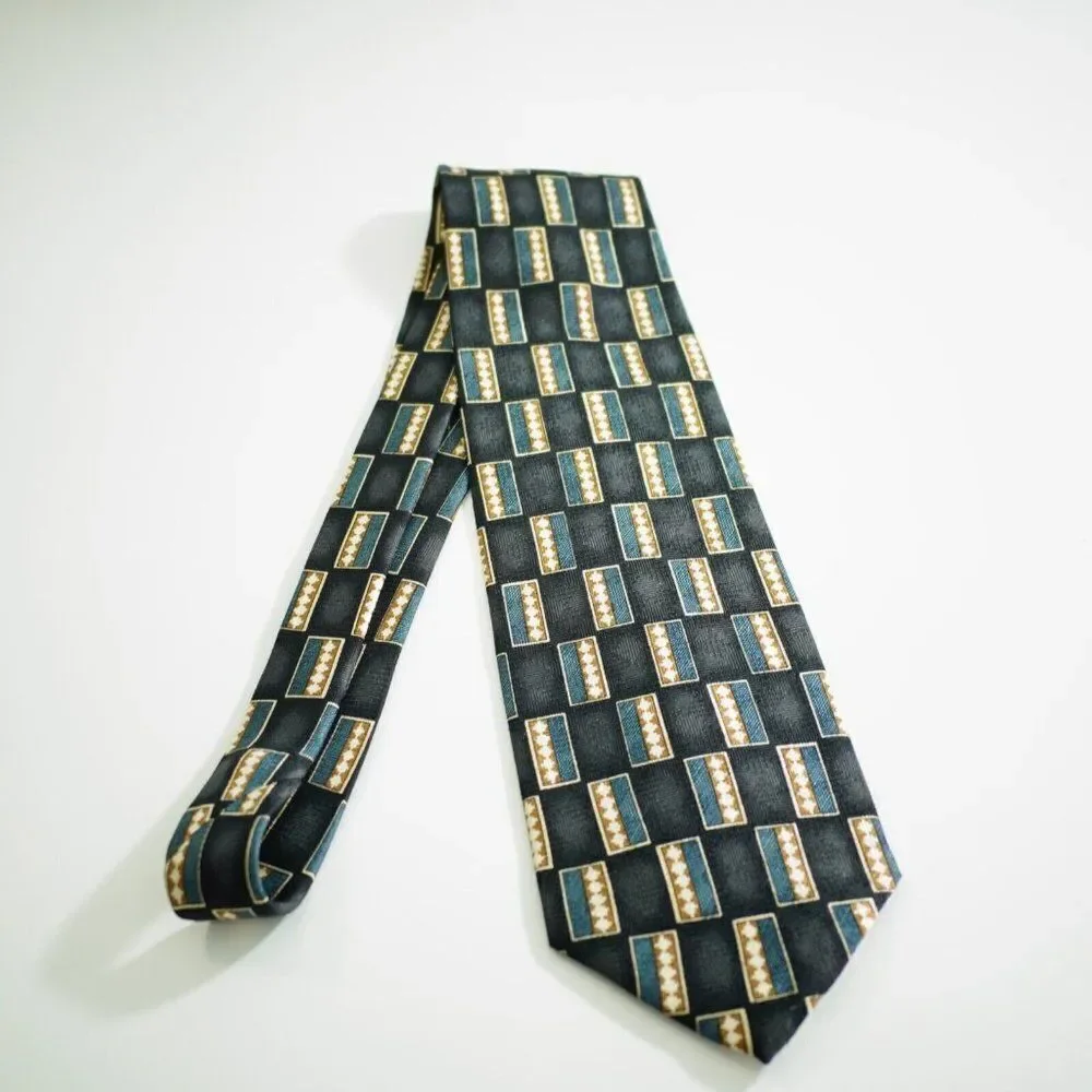 Louis Roth Black Blue Tan Abstract Geometric ‎ Jacquard Print Wide Silk Tie